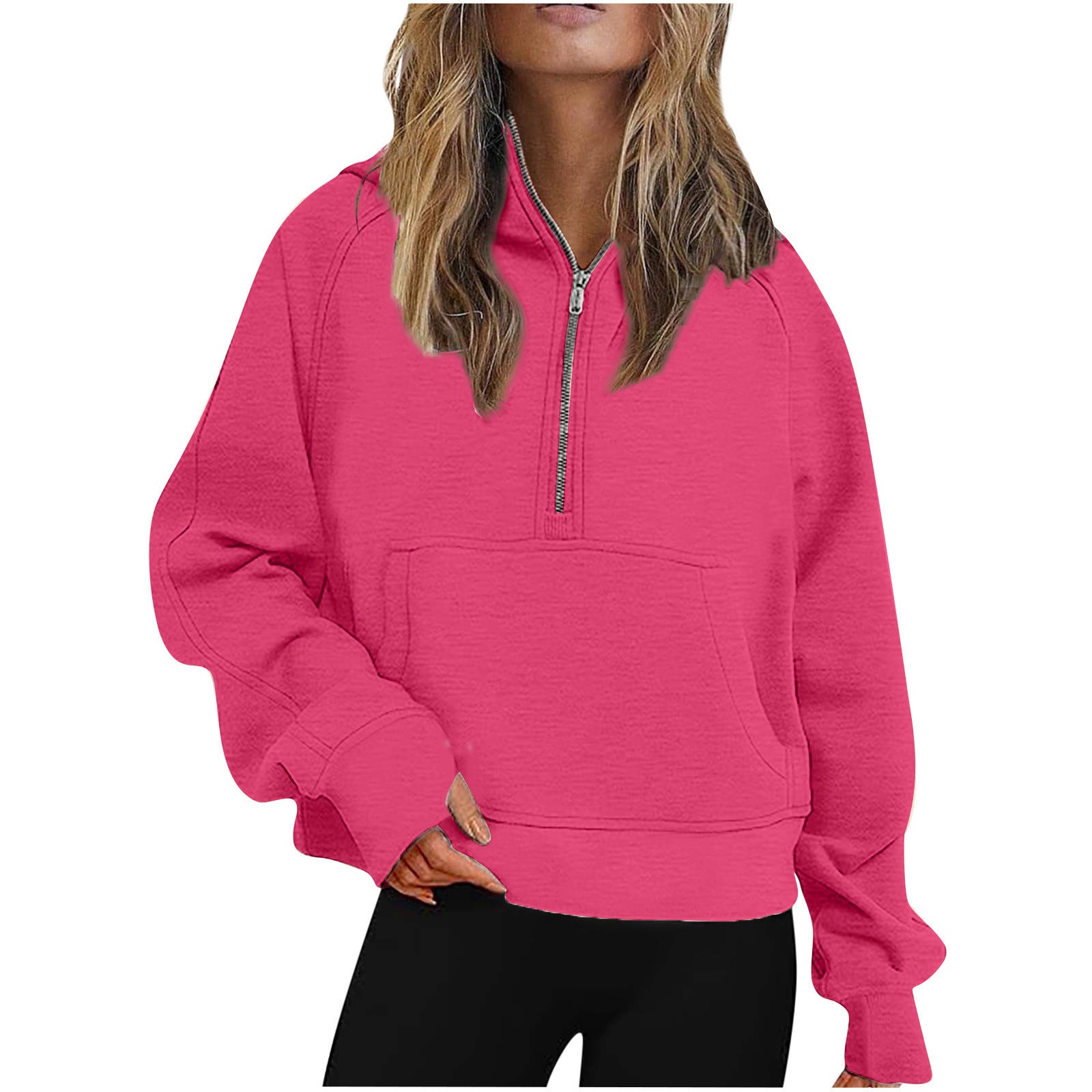 Autumn Winter Women Scuba Sports Half Zipper Yoga Clothes Loose Short Hood Fleece Lined Sweatshirt Sweatshirt