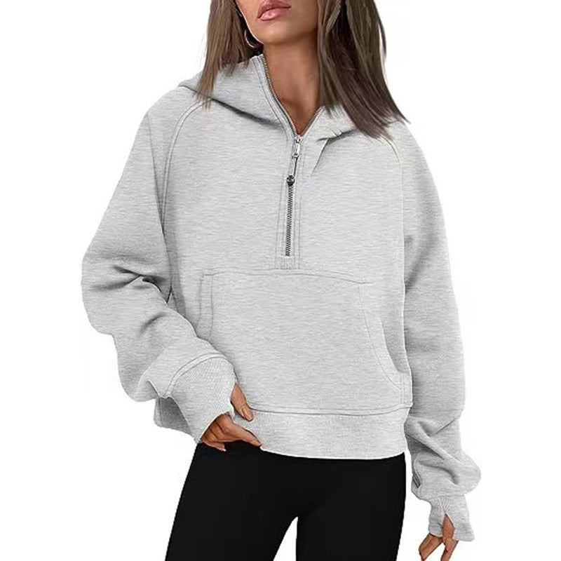 Autumn Winter Women Scuba Sports Half Zipper Yoga Clothes Loose Short Hood Fleece Lined Sweatshirt Sweatshirt