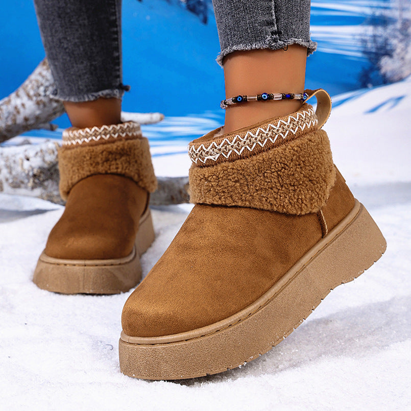 Round Toe Warm Slugged Bottom Snow Boots Women Cloth Cover Fleece lined Short Cotton Shoes