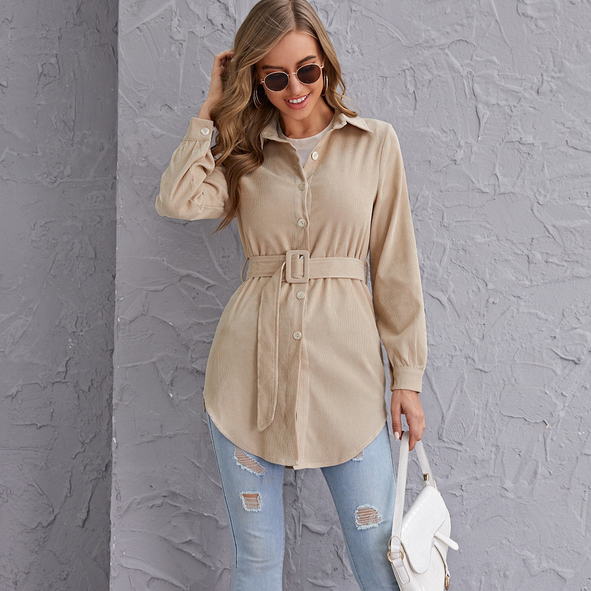 Women Wear Belt Long Khaki Shacket Waisted Long Sleeved Shirt Shacket