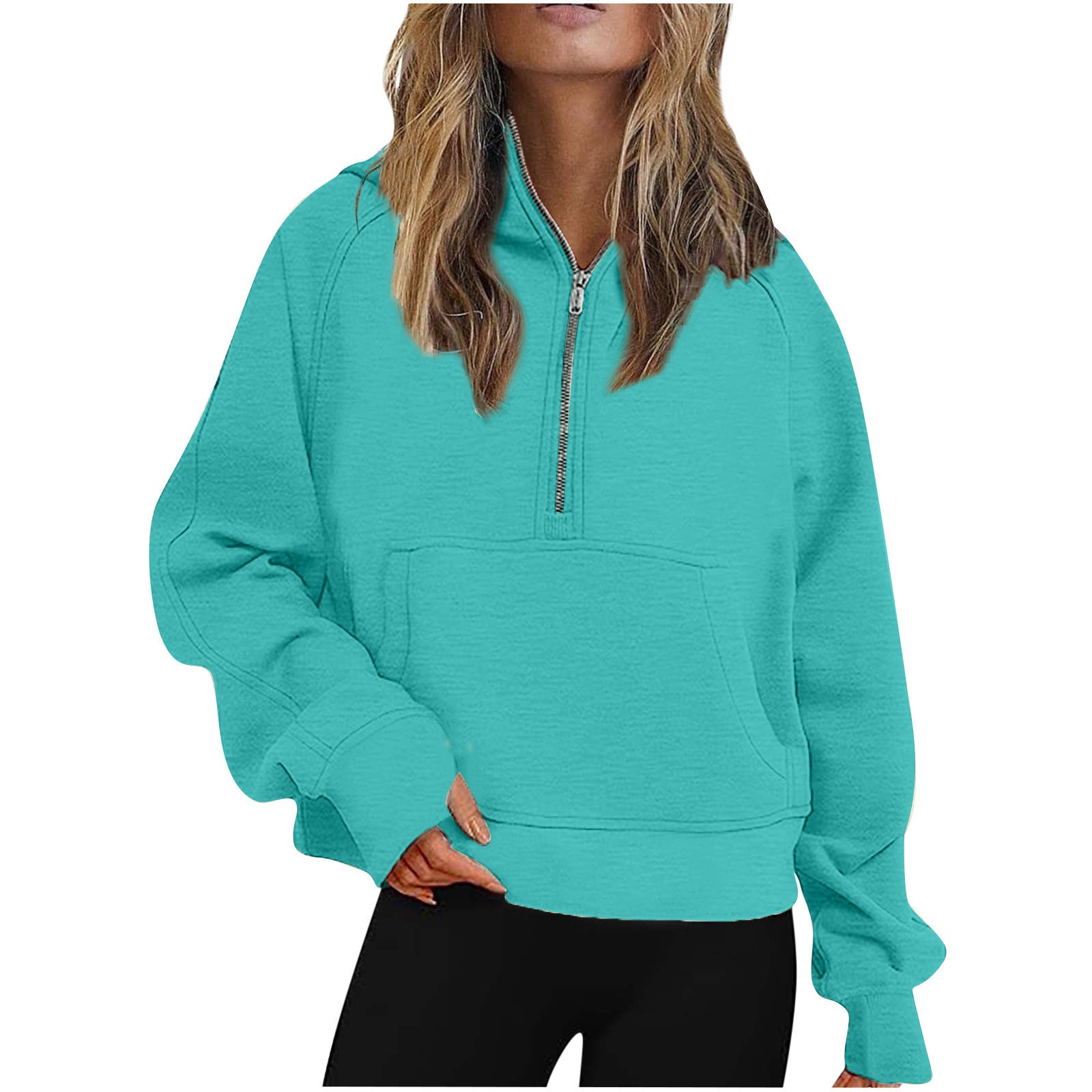 Autumn Winter Women Scuba Sports Half Zipper Yoga Clothes Loose Short Hood Fleece Lined Sweatshirt Sweatshirt