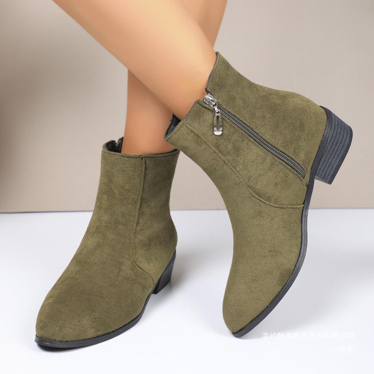Side Zipper Chunky Heel Suede Martin Boots Women Low Heel Thin Low Cut Ankle Boots