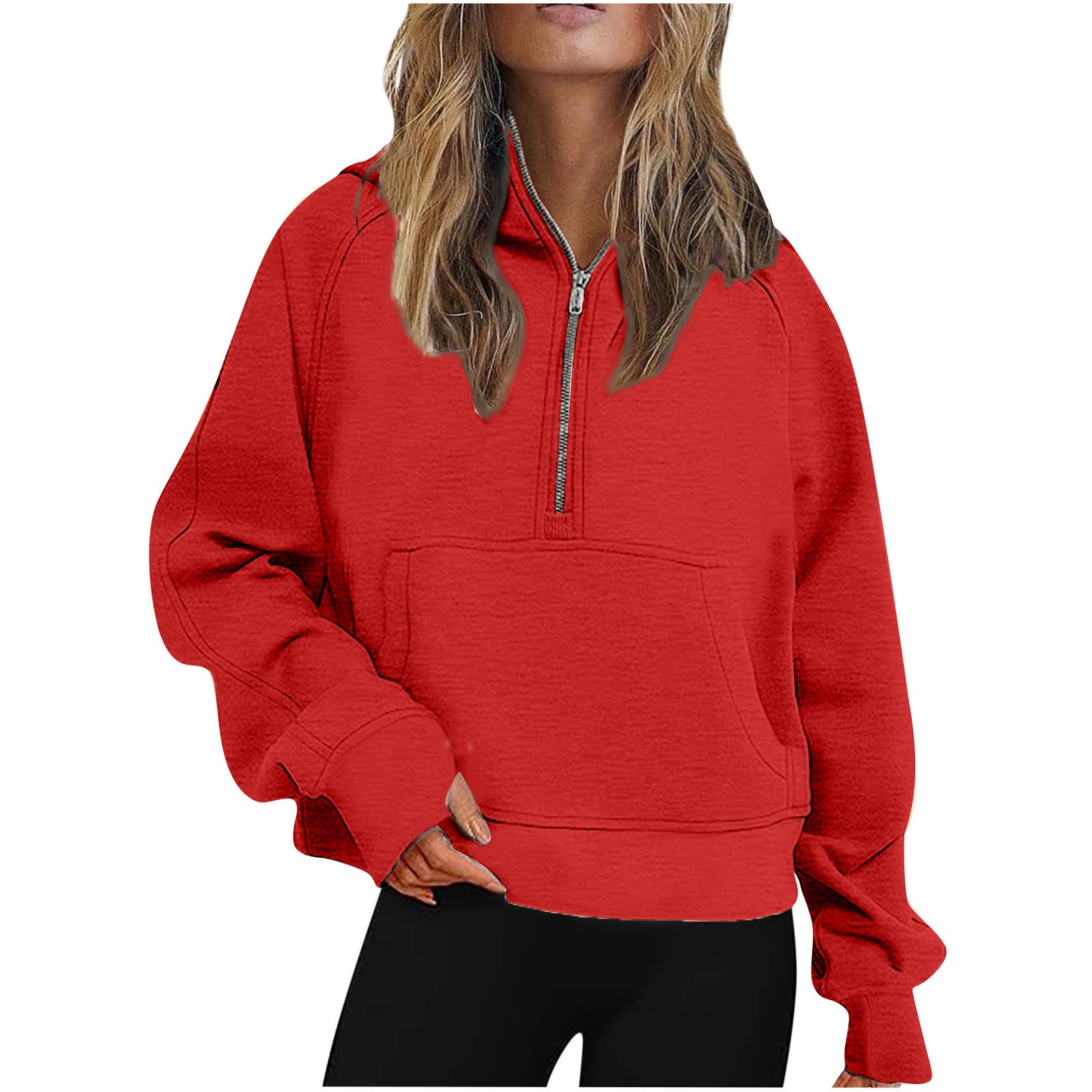 Autumn Winter Women Scuba Sports Half Zipper Yoga Clothes Loose Short Hood Fleece Lined Sweatshirt Sweatshirt